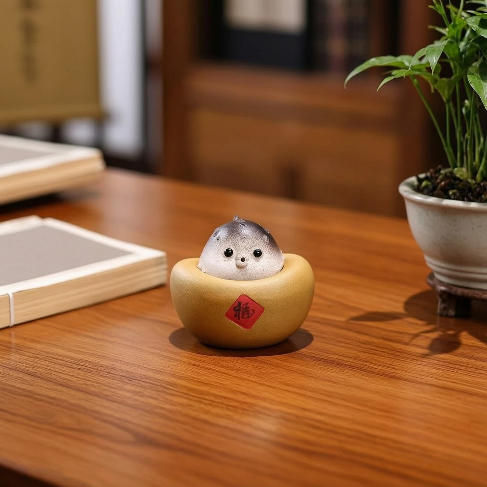 Gold Ingot Incense Holder Handmade Pufferfish Incense Burner Tea Pet Heat-Resistant Censer Easy to Clean for Meditation Corner