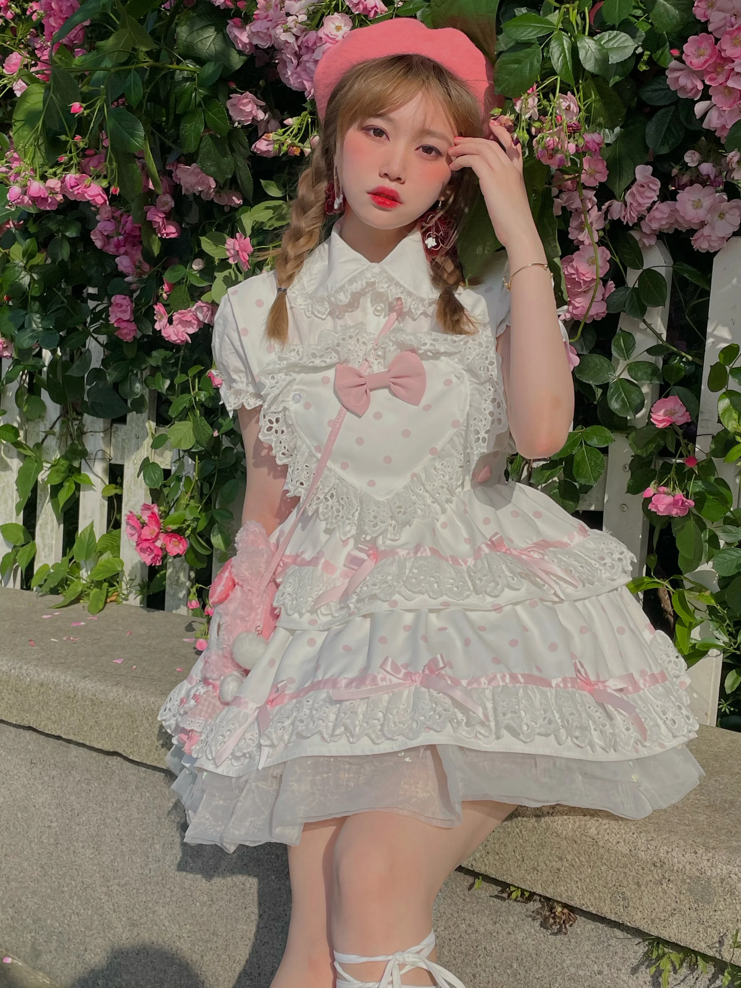 Novo verão japonês harajuku rosa amor onda ponto arco costura menina quente moda lolita temperamento kawaii doce saias