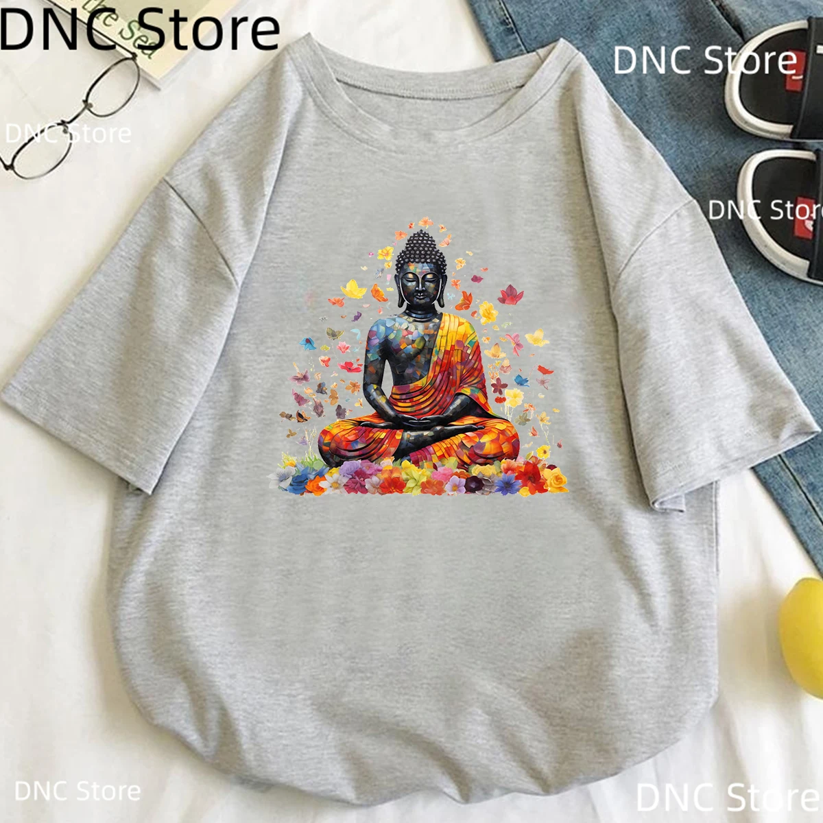 

Womens Grey T-Shirt Zen Buddha Lotus Flower Spiritual Meditation Yoga Women Tshirt Tops Streetwear Summer Harajuku Shirt Tops