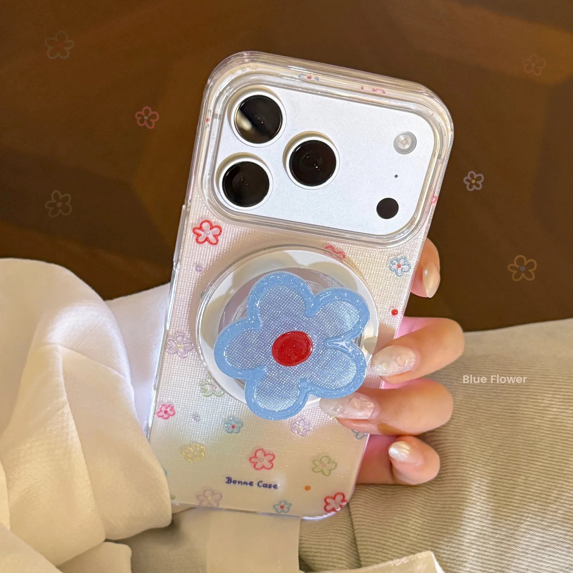 

Blue Flower Glitter Magnetic Phone Case with Stand, Compatible for IPhone 17/16/15/13, Stylish INS Wind Design