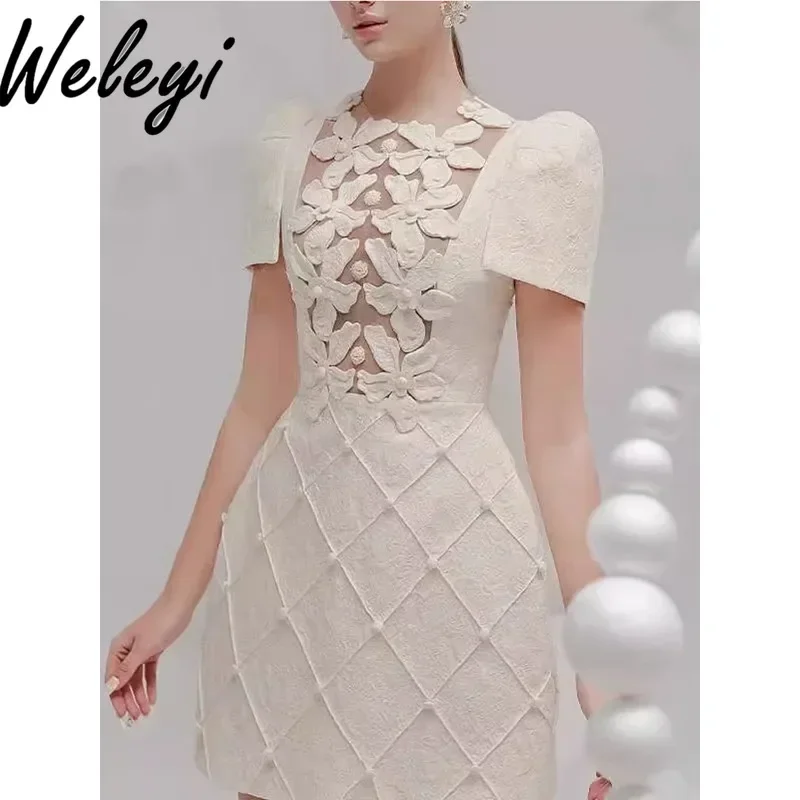 

Luxury Short Dress Ladies 2024 Autumn New Elegant Woman Slim-fit Short Puff Sleeve Embroidered Three-dimensional Flower Dresses