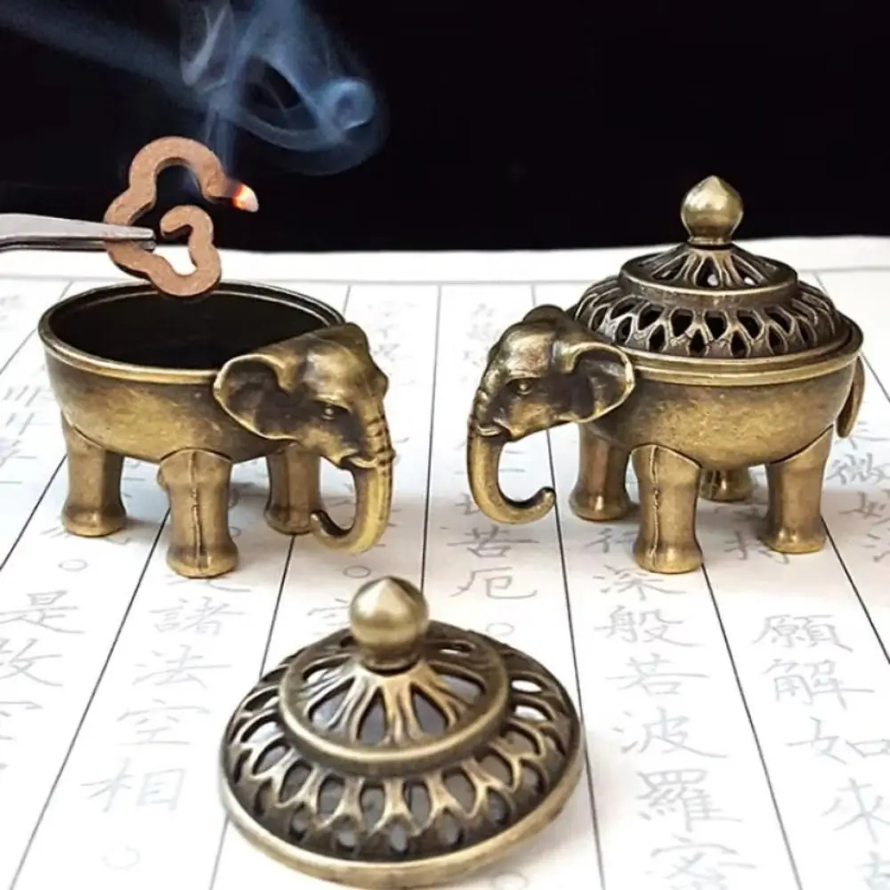 Vintage Alloy Sandalwood Incense Burner Elephant Lucky Hollow Out Lotus Incense Censer with Handle Mini Three Legged Stove