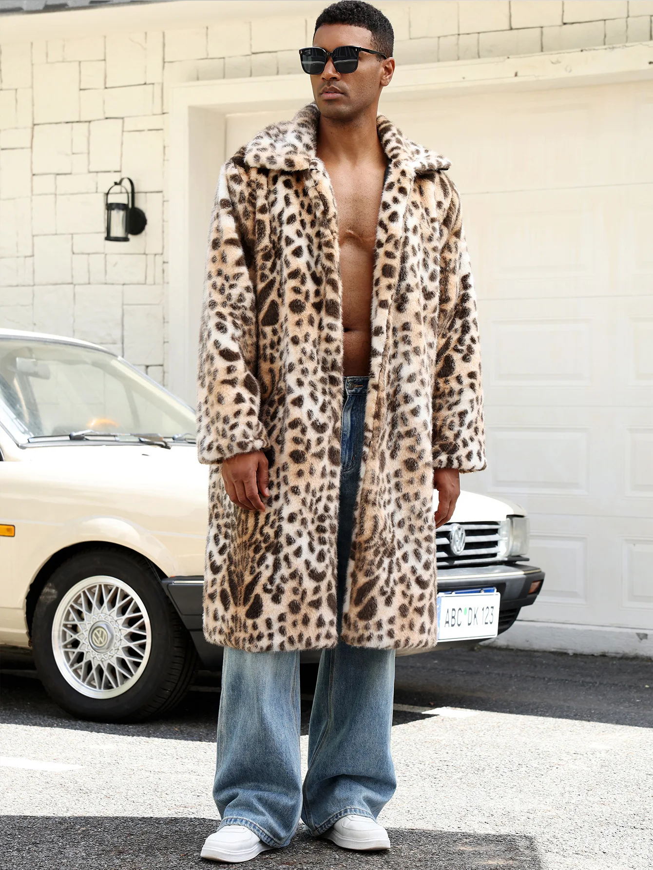 Kurtki zimowe 2025, grube, ocieplane, wydłużone płaszcze, futrzane, puszyste, długie płaszcze, odzież wierzchnia, retro męskie kurtki ze sztucznego futra w panterkę.