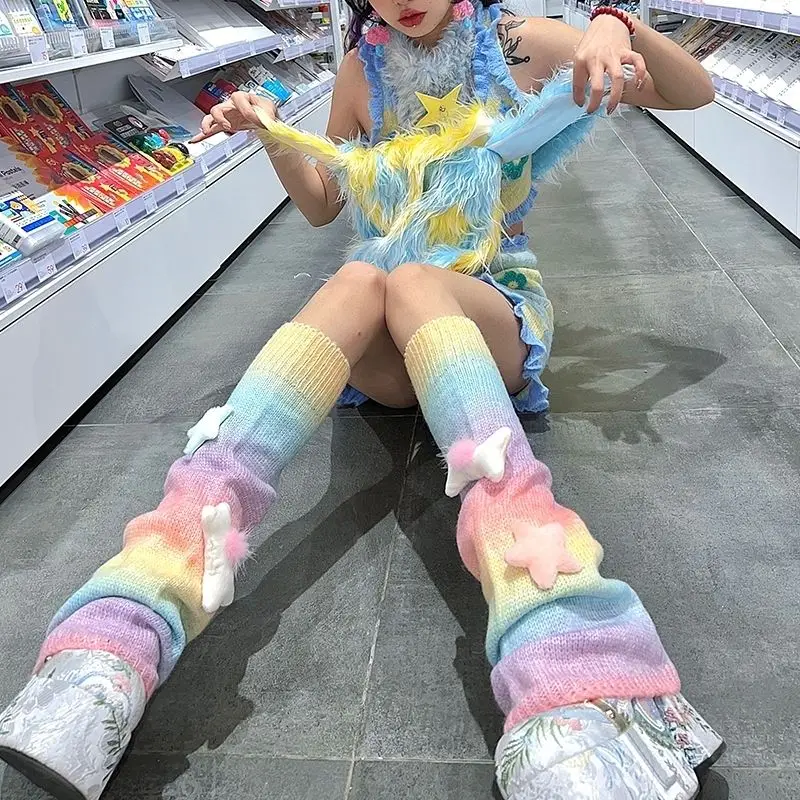 90s Stars Gradient Pink Leg Warmers Y2K Fairycore Grunge Aesthetic Japanese Student White Jk Spice Lolita Kawaii Leg Cover Girls