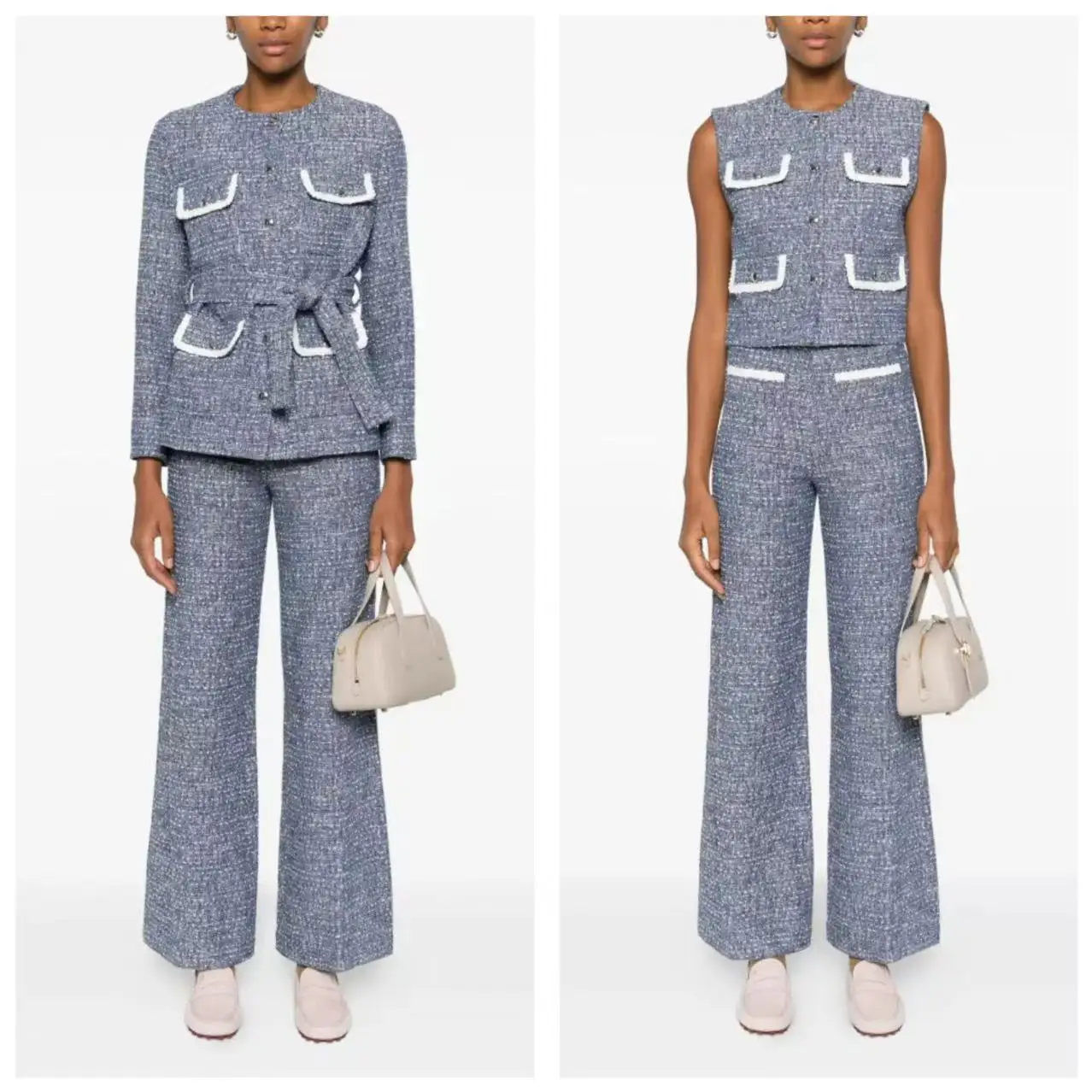 

French Style 3-Piece Set Outer Vest Pants Commute Thickened Tweed Women's Straight Cut Spring Summer Fashion Casual Wear