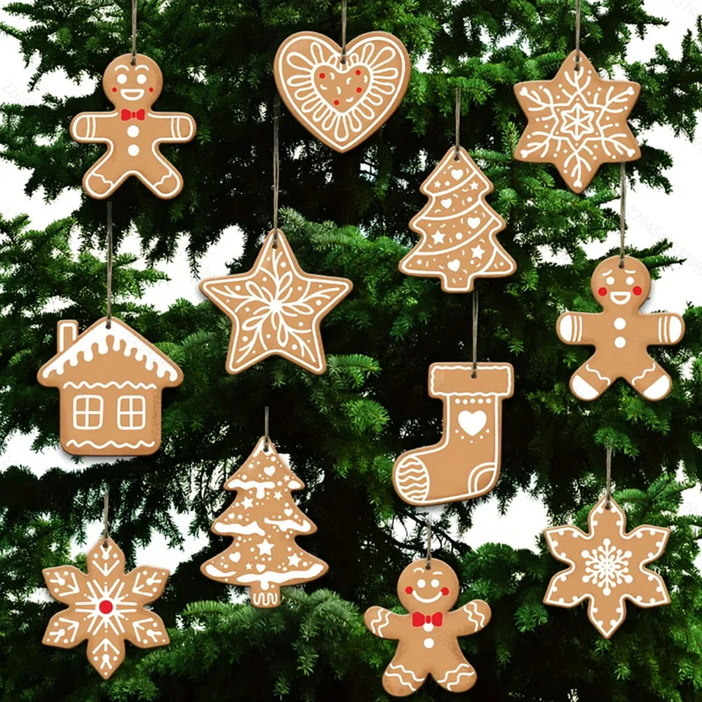 12 piece set of 2D flat wooden gingerbread with star shaped hearts, Christmas pendants, Christmas gifts