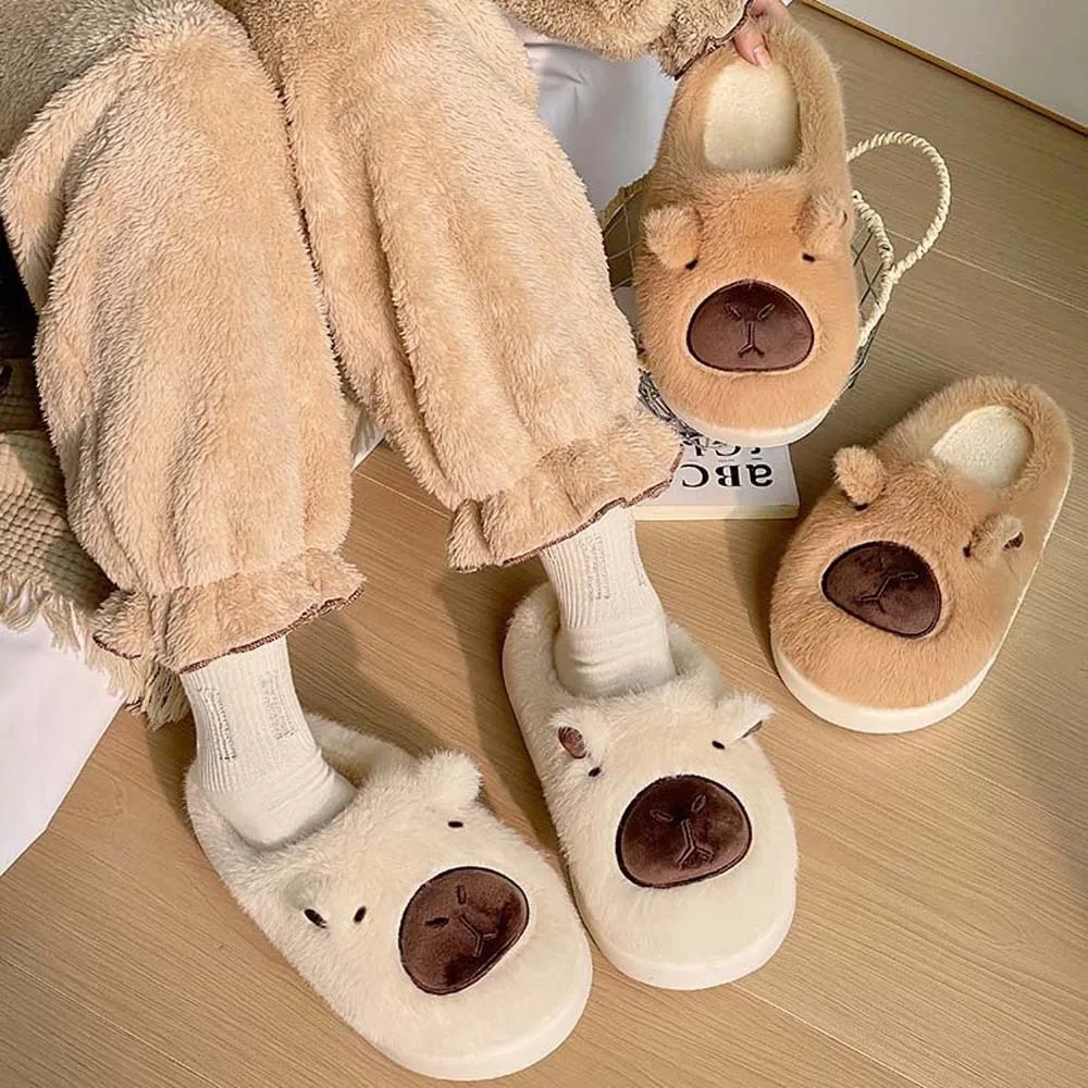 

Soft Capybara Furry Slippers Thickened EVA Cartoon Cotton Slippers Thick Soled Plush Warmer Home Cotton Shoes Cold Weather