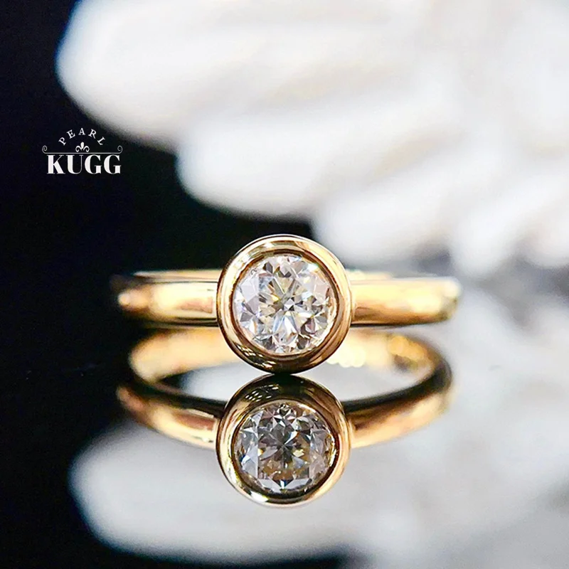 KUGG 100% 18K Yellow Gold Rings Classic Shiny Design 0.50carat Real Natural Diamond Engagement Ring for Women Fine Jewelry