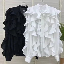 Ruffles Lace Up Blouses Shirts For Women 2024 Autumn New In Long Sleeve Shirts Office Lady Tops Camisas De Mujer