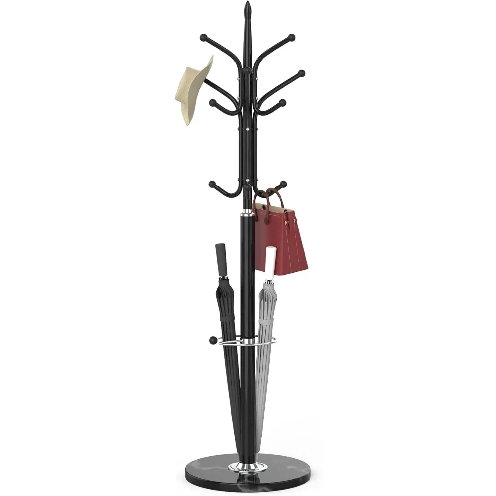 Metal Coat Rack Freestanding, Coat Hanger Stand With Natural Marble Base, Standing Coat Rack With Umbrella Holder, With 12 Hooks