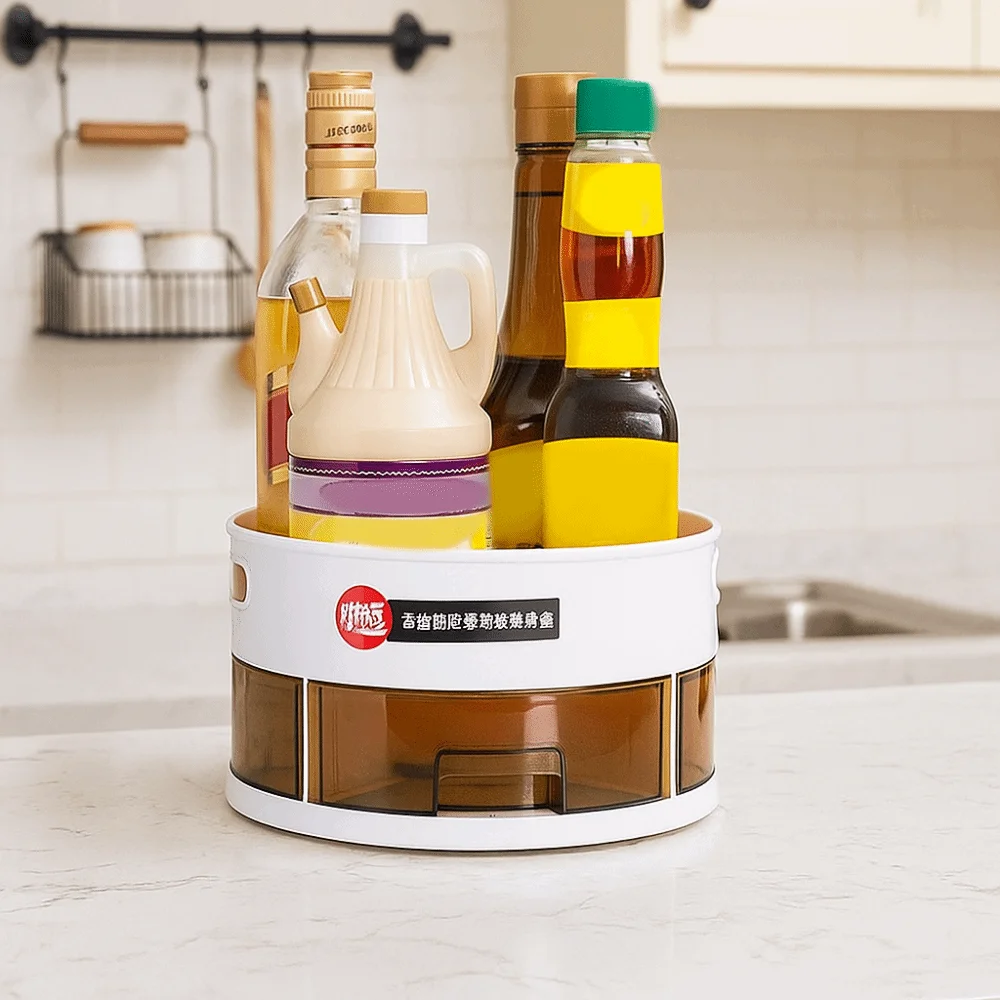 

Multi-Cell Double Spice Tray Round Large Capacity 360° Rotating Storage Tray Space Saving Plastic Rotatable Seasoning Holder