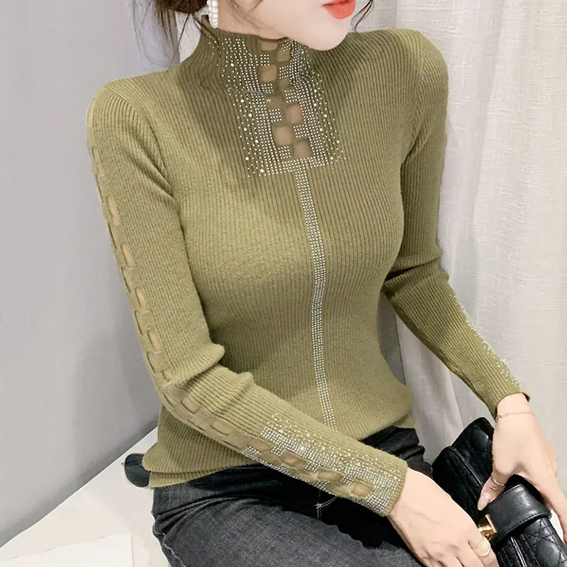 Autumn Winter New High Neck Sexy Hot Drilling Knitted Shirt Fashion Casual Long Sleeve Solid Color Women's T-Shirt