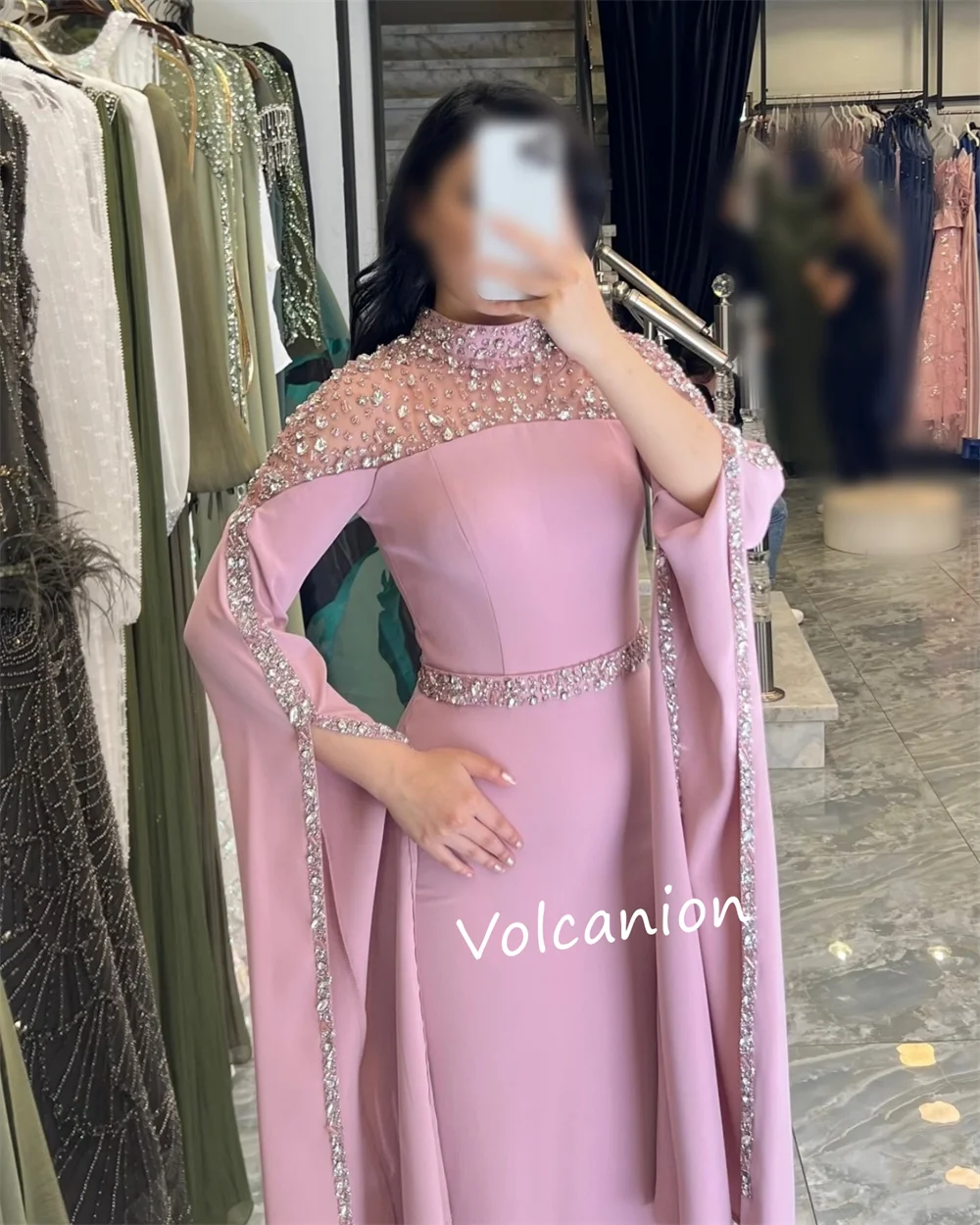 تخصيص جيرسي مطرزة الياقة العالية ألف خط فساتين طويلة مناسبة مخصصة رائعة البريق حفلة موسيقية رسمية