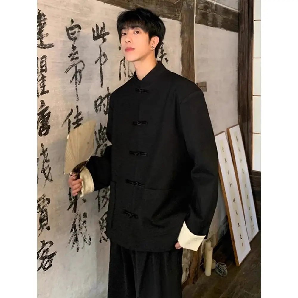 

Casual Bla Jaet New Chinese Sle Retro Design Collar Button Men Women Outwear Long Sve Autumn Faion Youth
