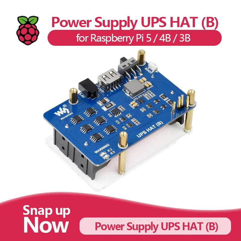 UPS HAT (B) For Raspberry Pi 5/4B/3B, 5V Uninterruptible Power Supply, 5A, 2x18650 Li batteries (NOT included)
