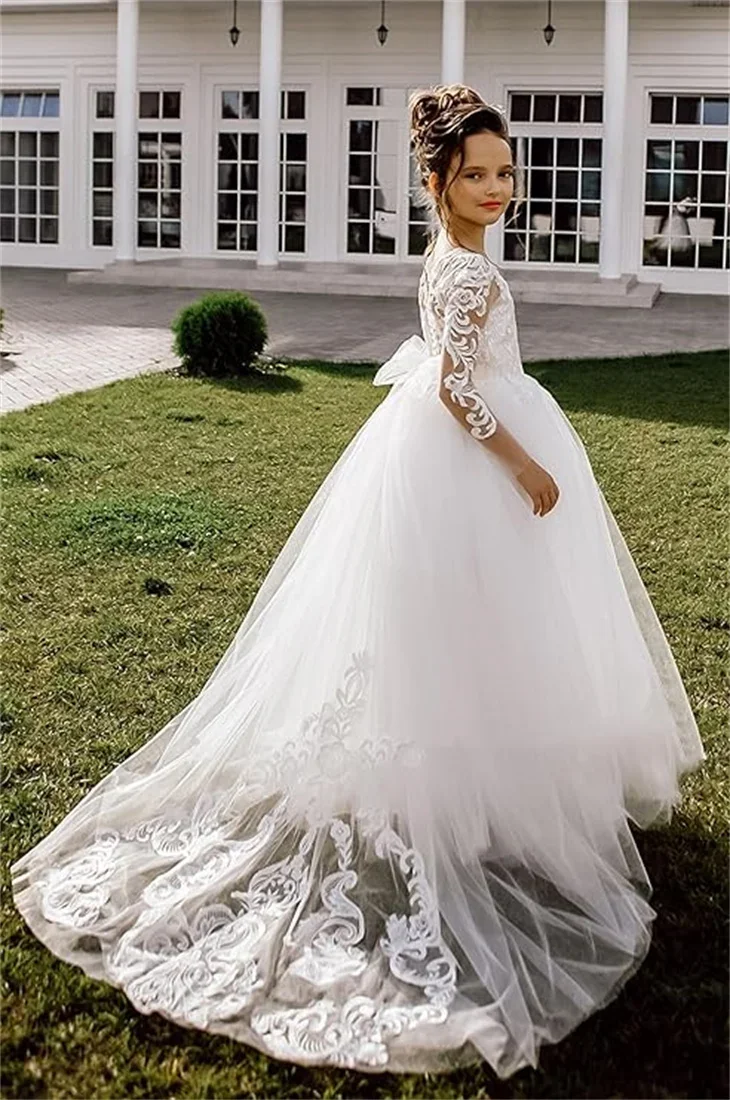 White Communion Dress for Girls 2-14 Long Sleeves Flower Girl Dress Lace Applique Country Wedding Party Dress for Juniors