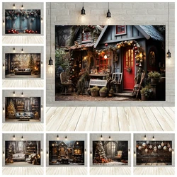 Christmas Photography Background Xmas Tree Gift Wooden Door Fireplace Family Party Decor Portrait Backdrop Photo Studio