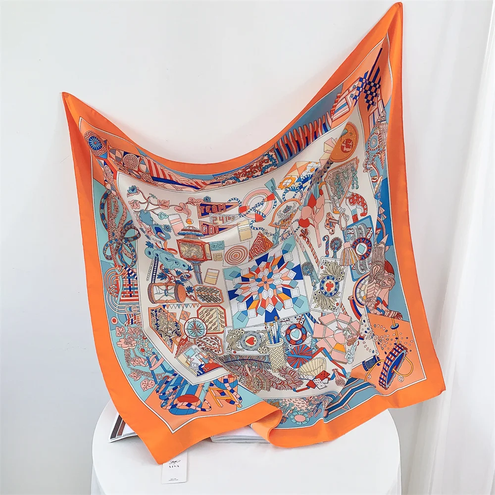 Twill Headscarf for Women Chain Geometric Print 90*90cm Square Scarf Hijab Bandana Female Neckerchief Hand Shawl Wraps Echarpe