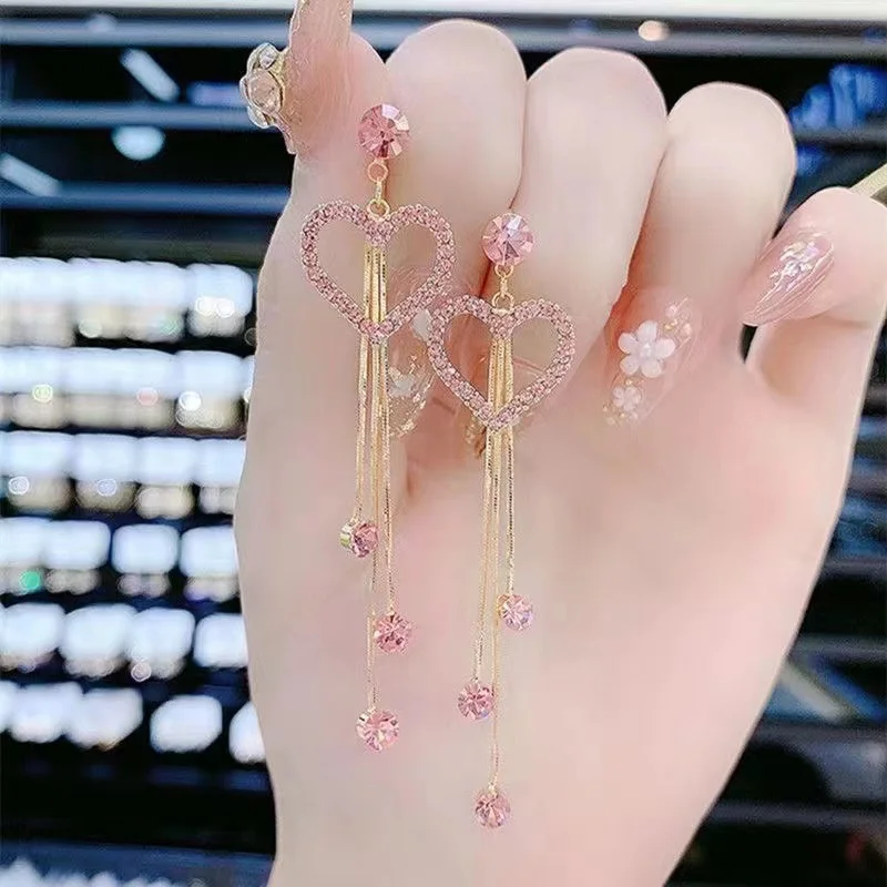 New Korean Pink Crystal Butterfly Drop Earrings For Women Love Heart Shape Long Tassel Dangle Earring Wedding Party Jewelry Gift