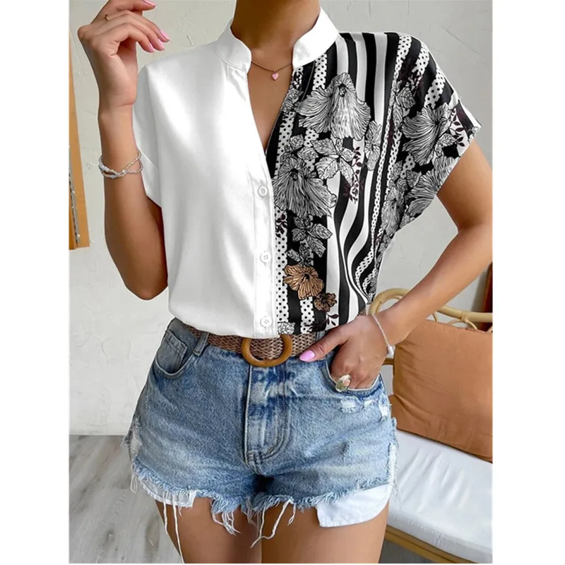 2025 Summer New Women's Double Tone Contrasting Color Shirt 3D Retro Floral Print Casual Top Short Sleeve V-neck Button Up Shirt