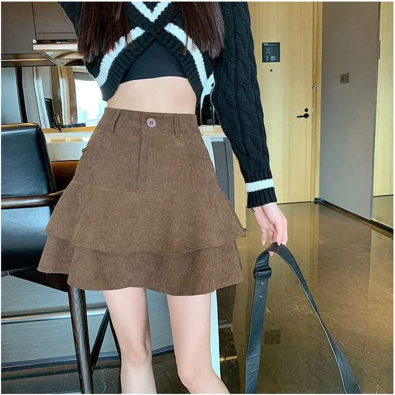 Ruffles Corduroy Mini Skirts Women High Waist Ball Gown Sweet Cute Autumn All-match Faldas Ropa Mujer Korean Fashion Y2k Clothes