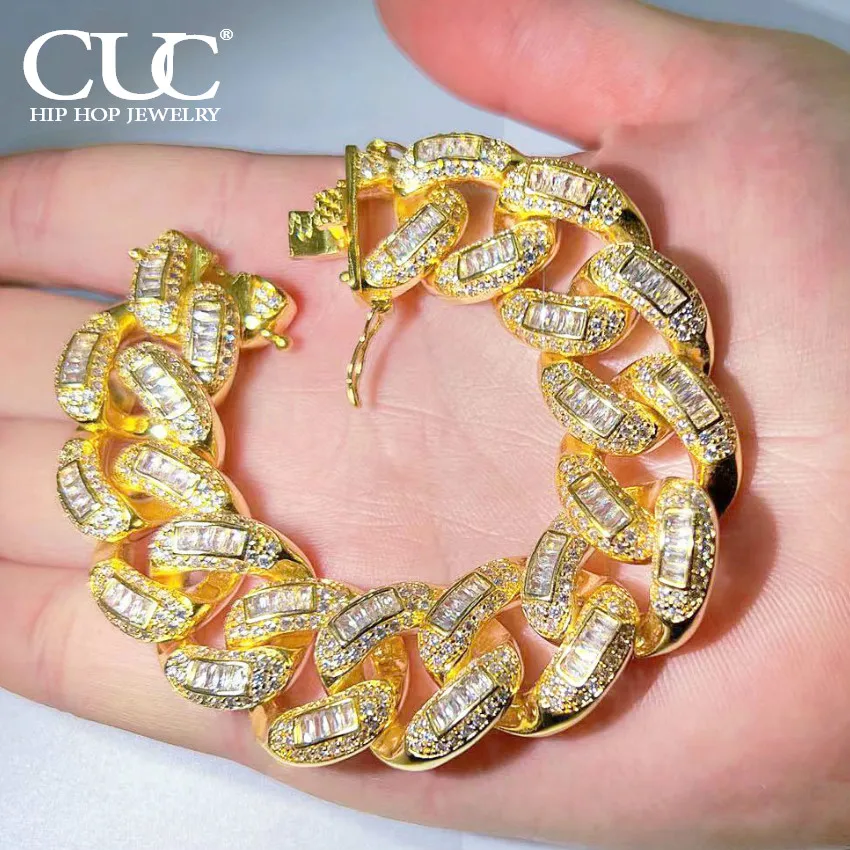 CUC Miami Cuban Chain Bracelet Men's Hip Hop Jewelry Iced Out Baguette Zircon Gold Color Charm Fashion Luxulry Punk Jewelry 18MM