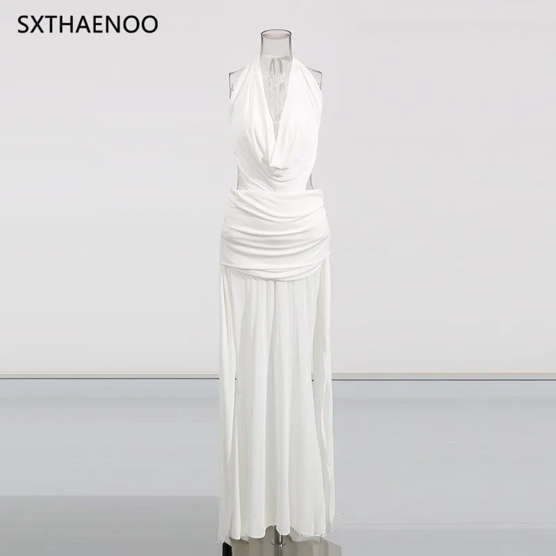 SXTHAENOO Spliced Backless Bodycon Dresses Women Halter Neck Sleeveless Patchwork Sheer Sexy Folds Evening Midi Dress Female