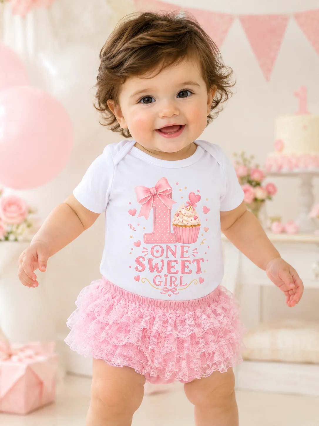 Tenue de 1er anniversaire pour bébé fille, combinaison à manches courtes avec imprimé cupcake, jupe tutu en dentelle rose, 2 pièces, pour séance photo Cake Smash