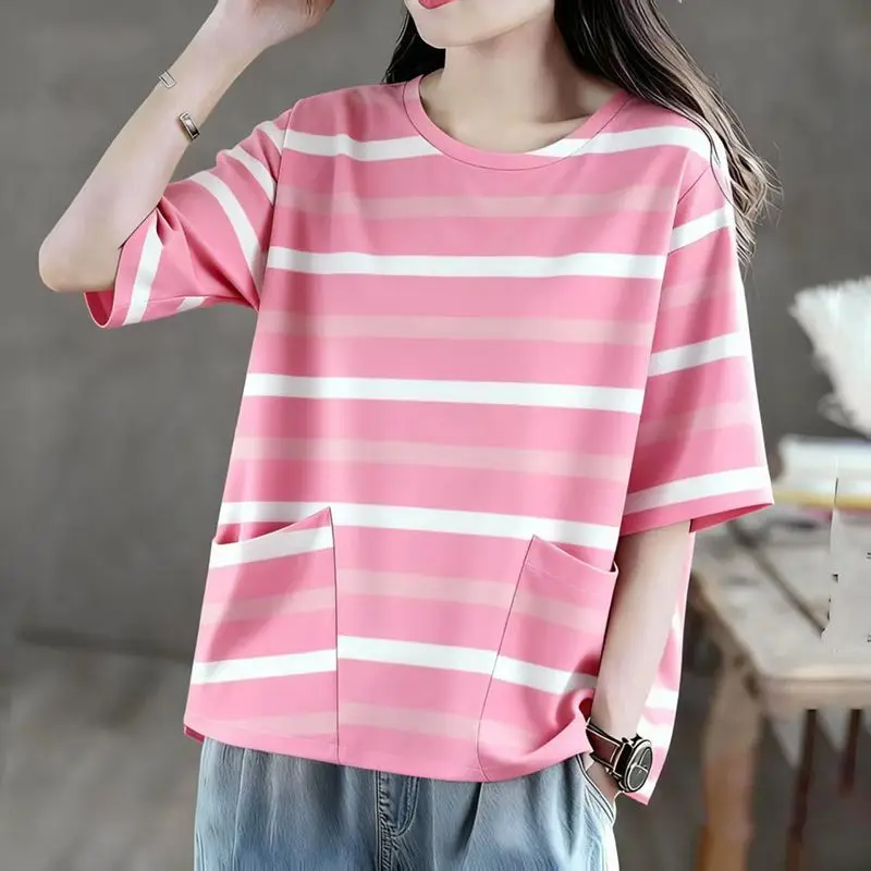 Street Casual Contrast Striped Plus Size Tops Tees Women Clothing New Summer Short Sleeve Vintage T Shirts Fashion Lazy Style