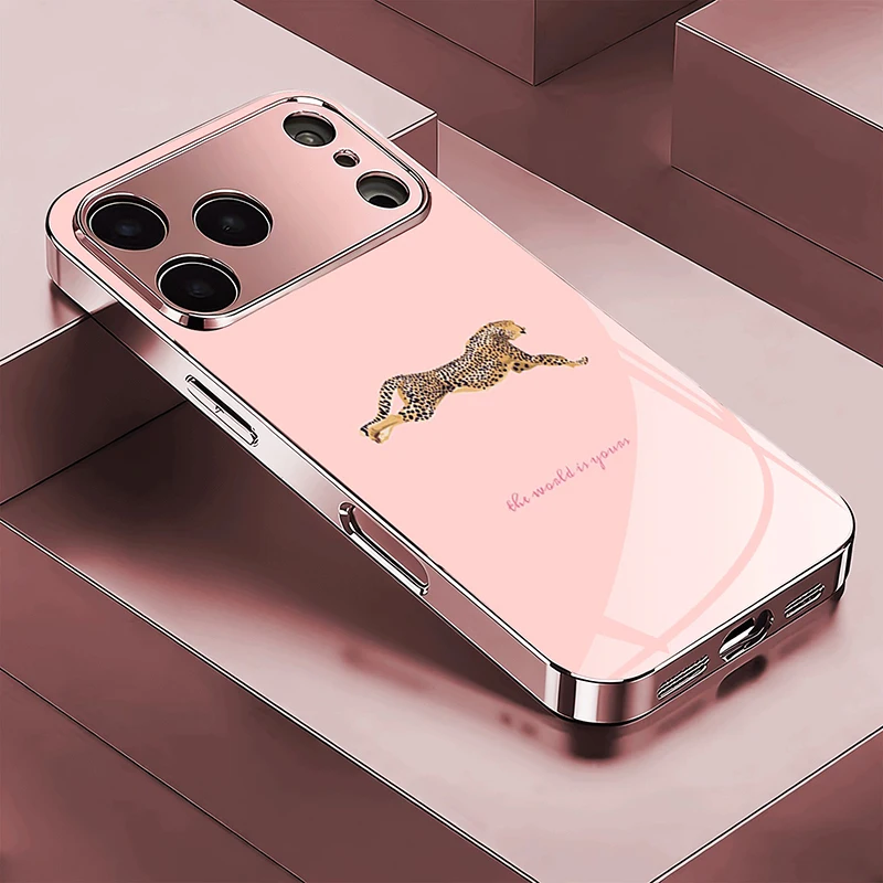 

Running Leopard Pink Metallic Tempered Glass Phone Case For iPhone 11 12 13 14 15 16 17 Pro Max 15 14 Plus 17 Air 17E Cover