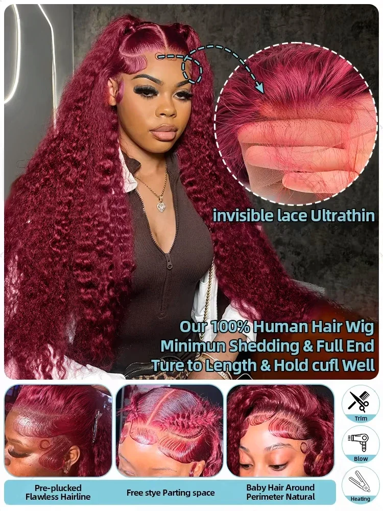 99J بورجوندي 30 32 40 بوصة موجة عميقة 13x6 الدانتيل شعر مستعار أمامي مجعد أحمر اللون 13x4 HD الدانتيل الشفاف أمامي الشعر البشري