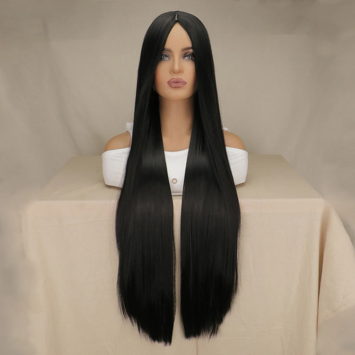 40 "lungo rettilineo nero con riga centrale costume cosplay e parrucca quotidiana ragazza Halloween cosplay festa parrucca nera lunga diritta da donna
