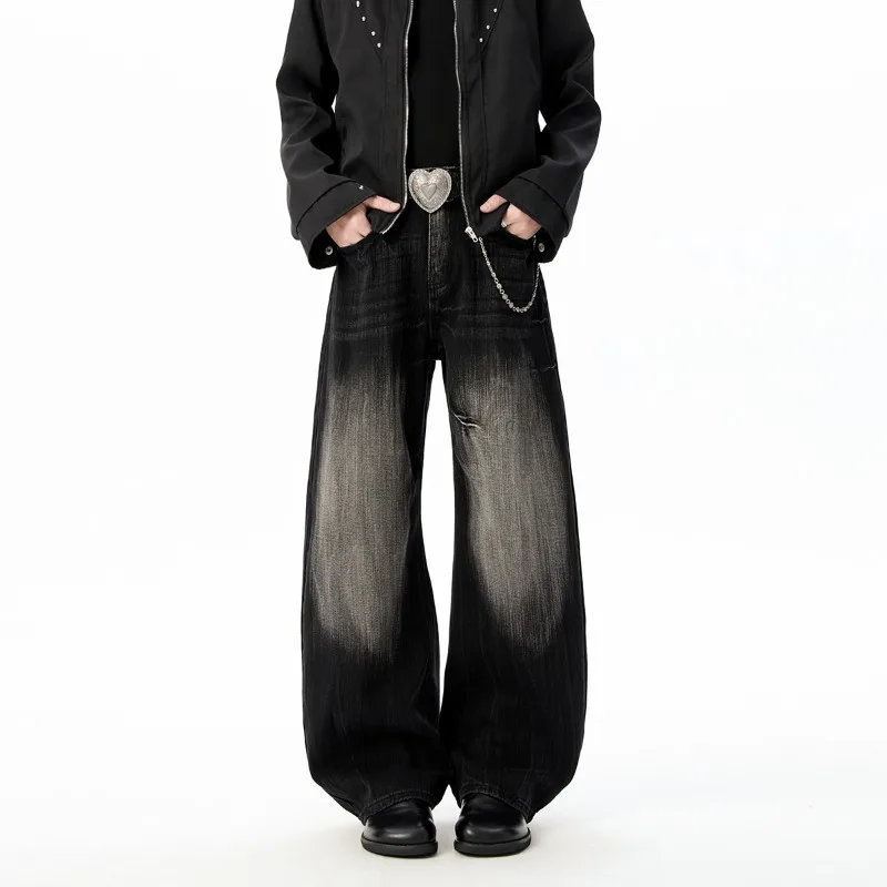 Niche Design Men's Jeans Washing Contrast Color Curved Knife Pants All-match Autumn Wide Leg Male Denim Trousers 2026 Spring