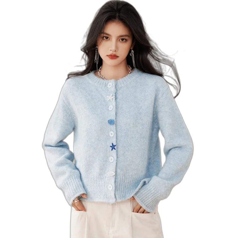 

2024 New Autumn Winter Women Loose Short Cardigan High Quality Fashion Sea Star Shell Healing Style Blue Knitted Cardigan