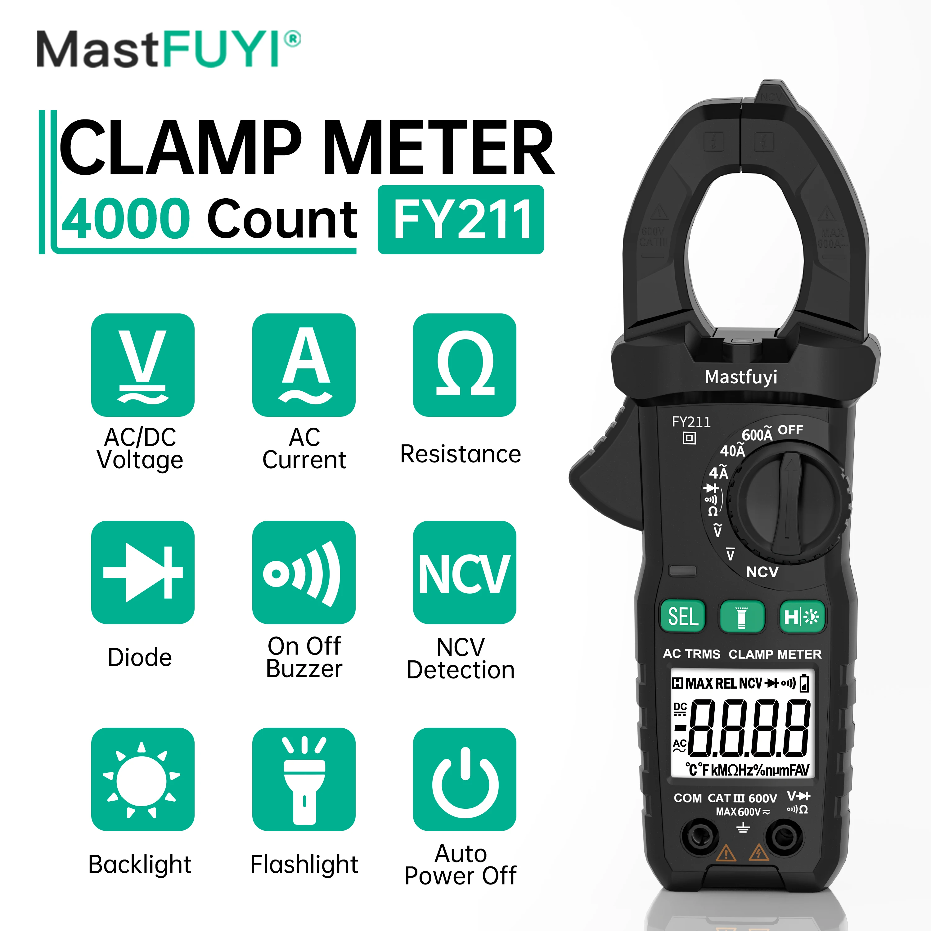 mastfuyi fy211 4000 contagens medidor de bracadeira digital ac dc multimetro de tensao ac corrente resistencia diodo tester deteccao ncv 01