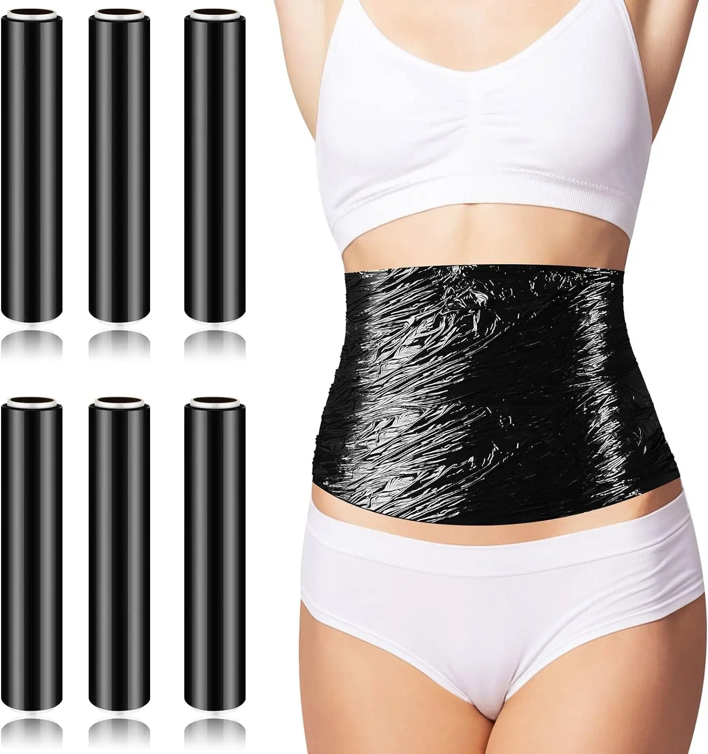 6 rouleaux 60 mètres noir osmotique plastique corps minceur enveloppement entraînement et rehausseur de sueur ventre réduit la Cellulite Massage accessoires