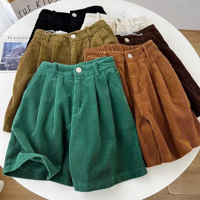 2023 Autumn Winter New High-waisted Slimming A- line Corduroy Shorts Women's Petite Casual Bell Bottoms