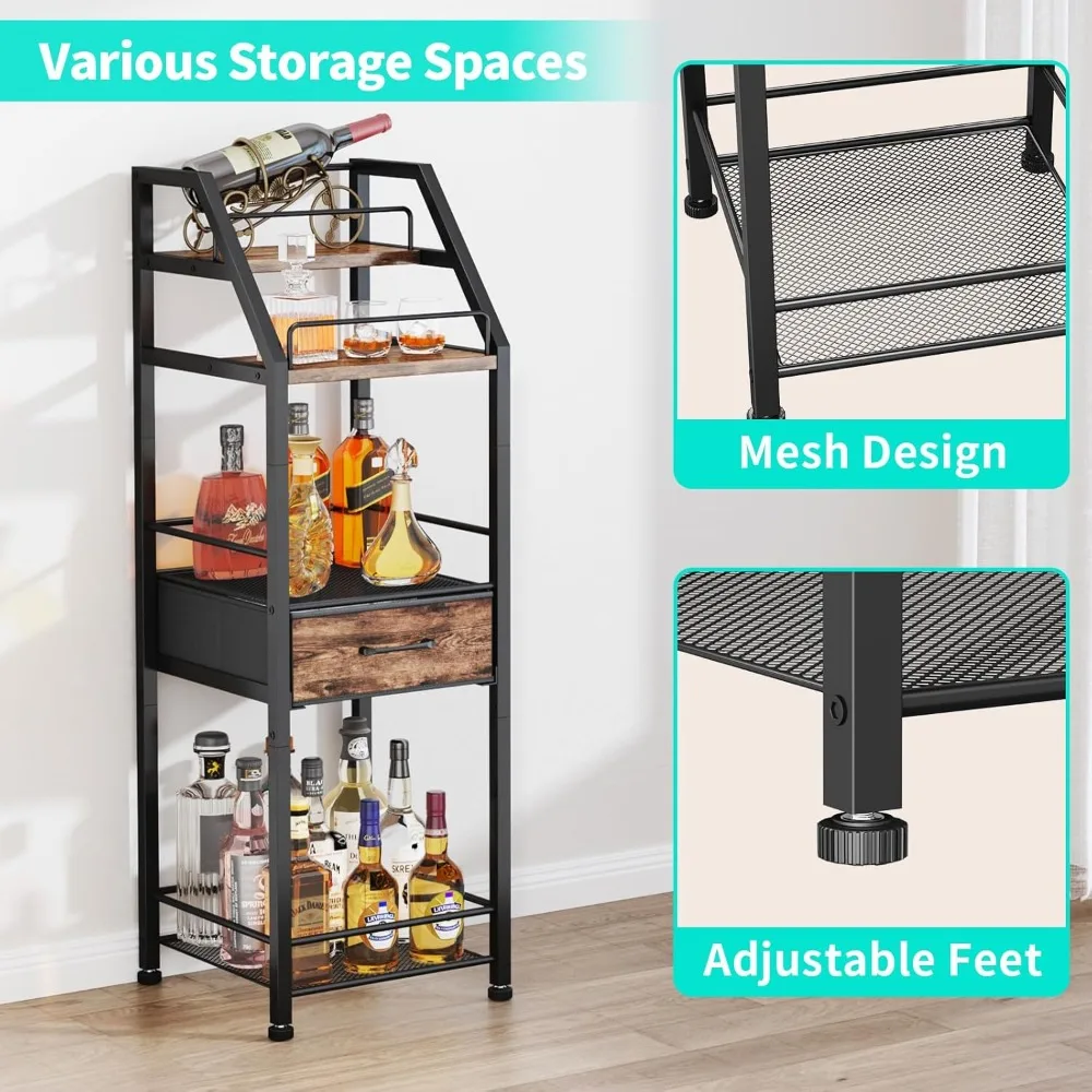 4-Tier Stepped Wine Rack Cabinet with Fabric Drawer - Freestanding Bar Stand for Home Storage