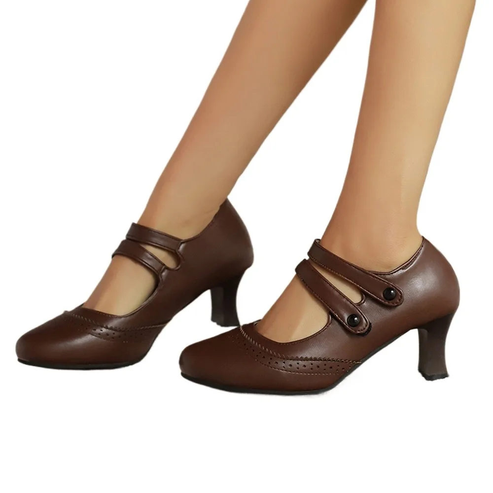 Damen Vintage T-Strap Mary Jane High Heels mit runder Zehenpartie, Lederpumps, Übergröße 34-48, Party-Kleiderschuhe, Schwarz, Braun, Grün, A15