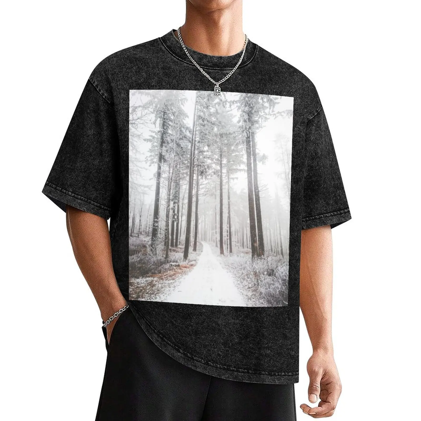 Mysterious road in a frozen foggy forest T-Shirt customs basketball graphic tees shirts graphic tees black t shirts for men