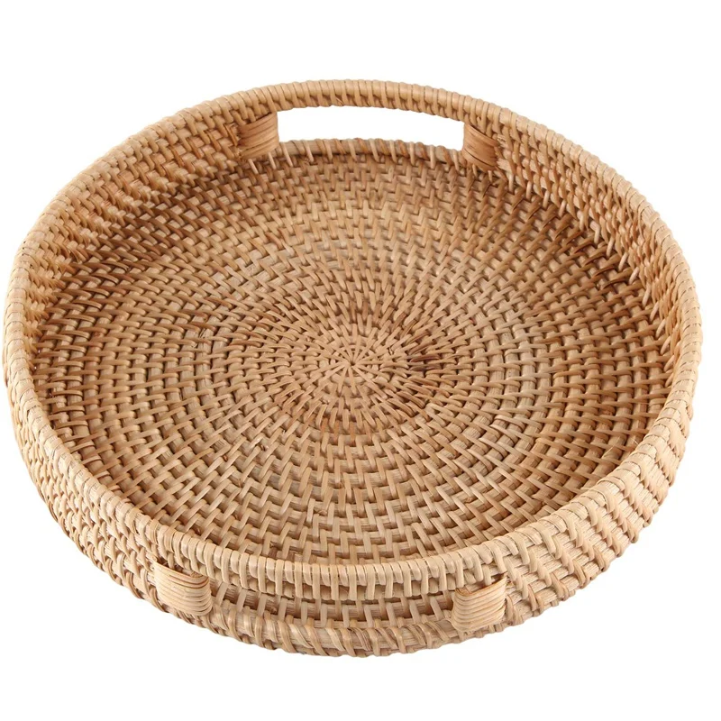 

Round Rattan Serving Tray Decorative Woven Ottoman Trays With Handles For Coffee Table Natural