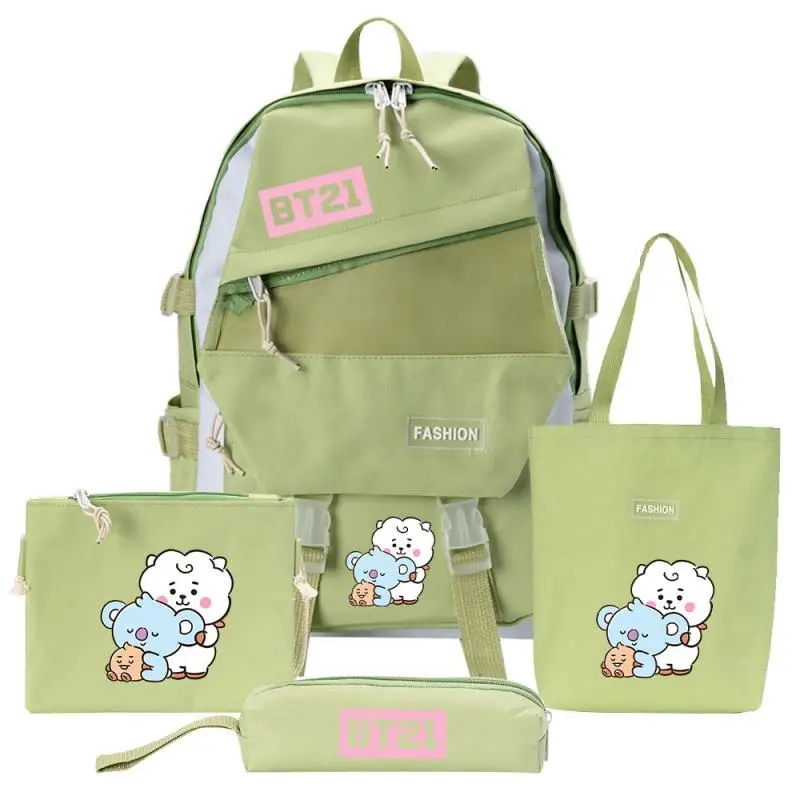 4Pcs Anime Bt21 Bt21 School Bag Backpack Crossbody Bag Four-Piece Set Creative New Student Handbag Pencil Case Gift for Kids