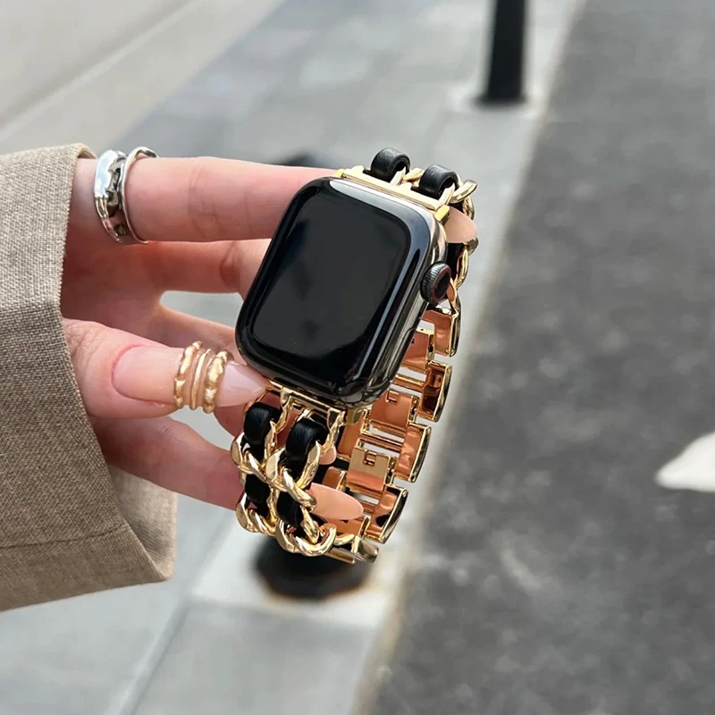Damski metalowy pasek do zegarka Apple Watch Band 10 9 8 Ultra 46 mm 42 mm 49 mm 7 SE 6 5 41 mm 45 mm 44/40 mm Lady Gold Steel Bracelet Wristband