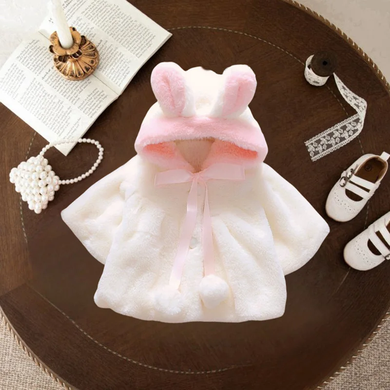 Baby Winter Clothes Solid Color Hooded Warm Girls Outerwear  Cute Ears Baby Clothes Newborn Girls Clothes