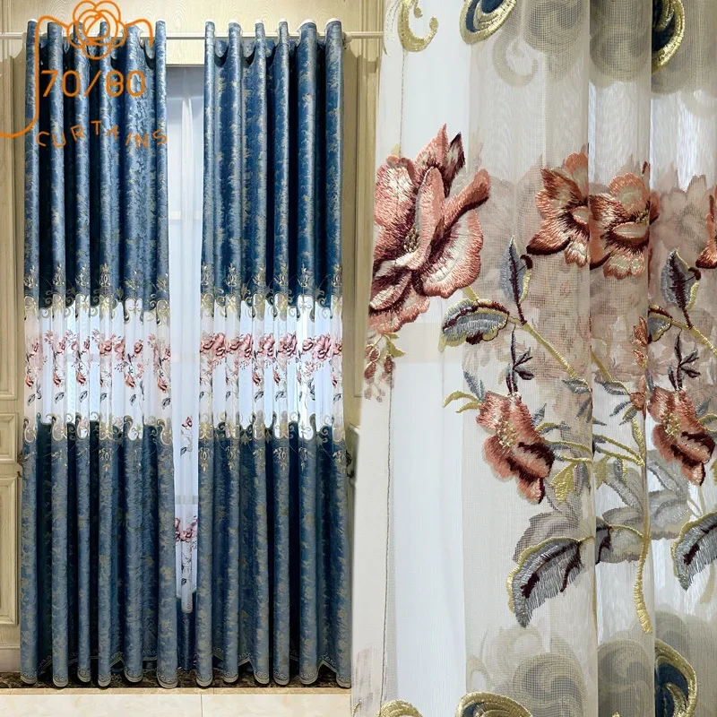 Customized Blue Hollowed Out Embroidery Window Screen Gilded Flannelette Curtains for Living Room Balcony Bedroom French Window