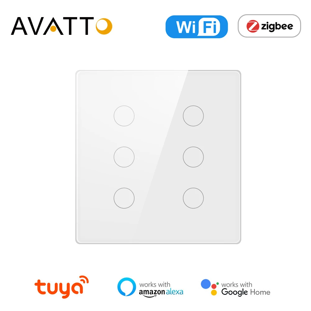 AVATTO Tuya WiFi Smart Switch,AC 110-220V Brazil 4x4 Touch Panel 4/6 Gang Light Switch,APP Control work with Alexa,Google Home