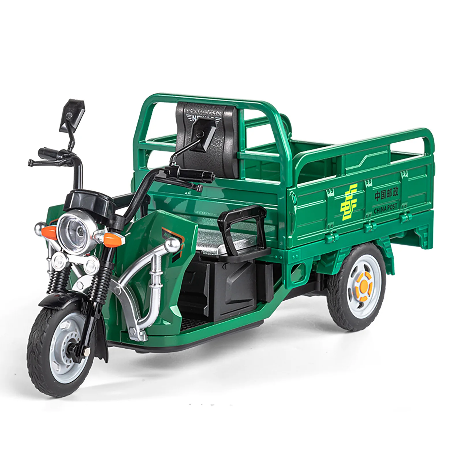 Tricycle électrique en alliage 1:12, modèle de voiture, jouets moulés sous pression, roue avant de moto, son de direction, lumière, véhicule de traction pour garçon, jouet de collection