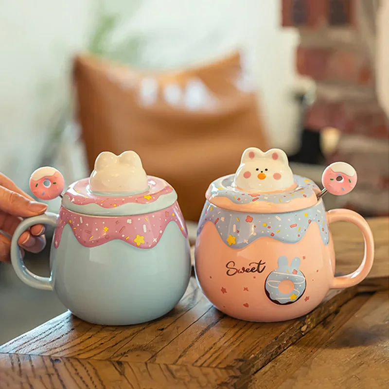 Cute Donut Ceramic Mug With Lid Spoon Pink Girl Office Student Coffee Mugs For Couple Large Capacity Milk Tea Drinking Water Cup