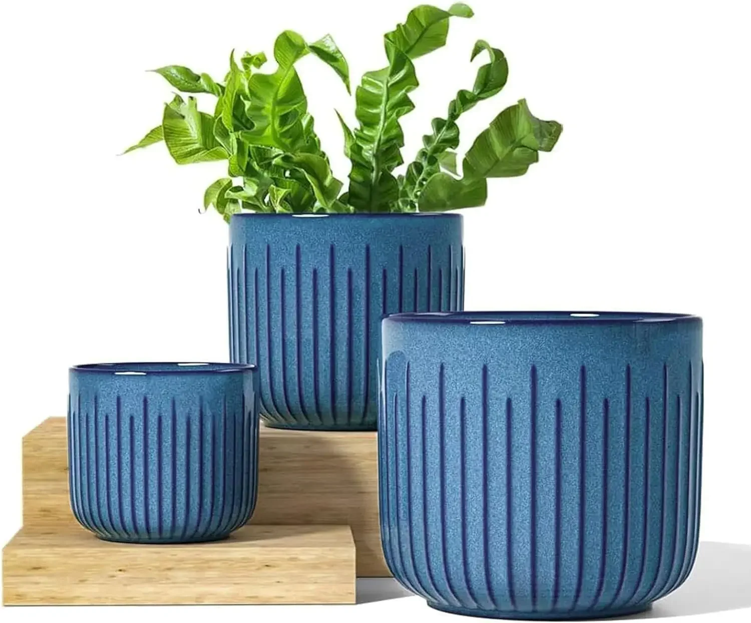 Ceramic Planters, Flower Pots with Drainage Holes, Medium Cylinder Planters Pot for Indoor House Plants, Set of 3, Blue