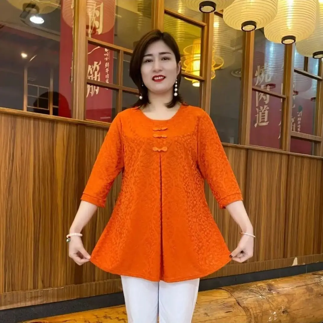 Korean Women Vintage Oversized T-Shirt Summer New 3/4 Sleeve Fashion Elegant Jacquard Pullover Loose Big Size Casual Tops 2023